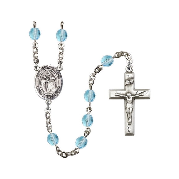 San Juan de Dios Silver-Plated Rosary 6mm March Light Blue Fire Polished Beads Crucifix Size 1 3/8 x 3/4 medal charm