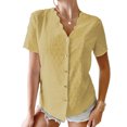 thumbnail image 1 of Top de verano con cuello en V y cuello ondulado con botones de una sola fila, camiseta de manga corta de jacquard con puntos lisos, amarillo S, 1 of 6