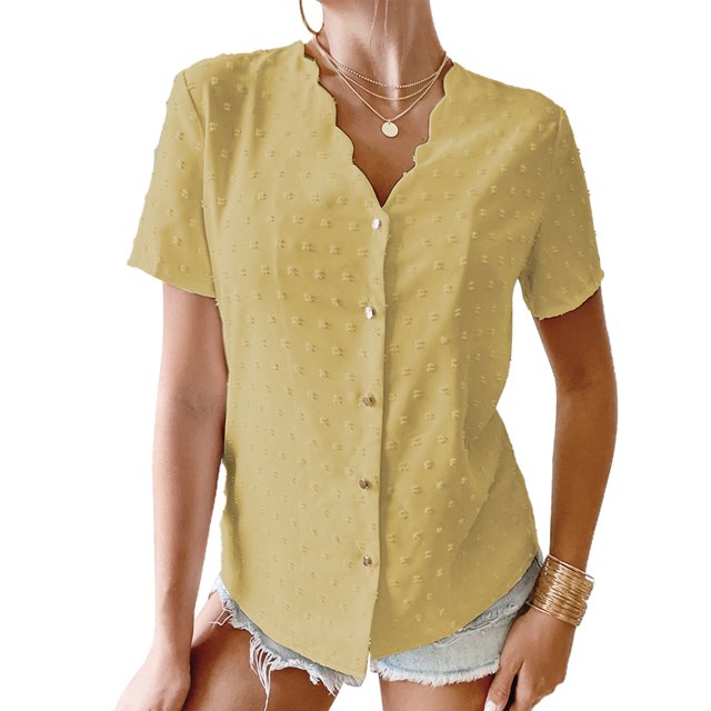 Top de verano con cuello en V y cuello ondulado con botones de una sola fila, camiseta de manga corta de jacquard con puntos lisos, amarillo S