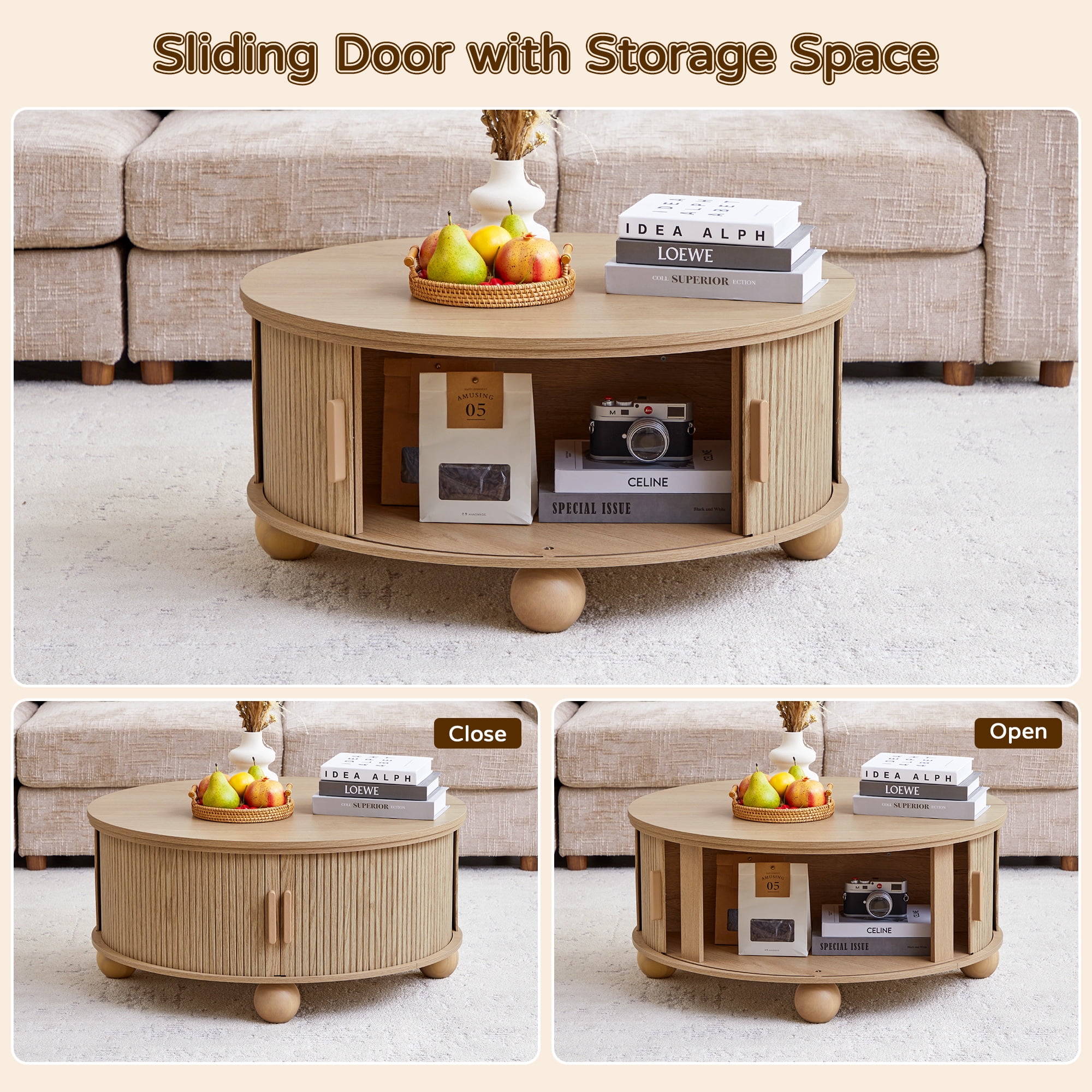 YOCWO Lift Top Coffee Table with Sliding Door and Round Leg, Fluted Round Coffee Table with Hidden Compartments Storage for Living Room, Natural