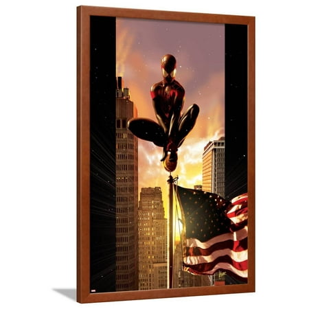 Super Hero Wall Painting Ultimate Comics Spider-Man No.7 Cover: Spider-Man Sitting on Top of a Flag Pole in the City Superhero Framed Poster Wall Art By Kaare Andrews ()
