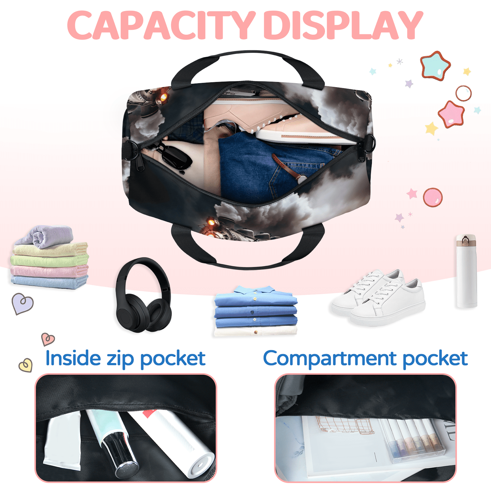 Herdesigns Retro Steam Train Gym Bag for Women, Duffle Bag for Travel Sport, Lightweight Waterproof Carry on Weekender Overnight Dance Yoga Workout Bags