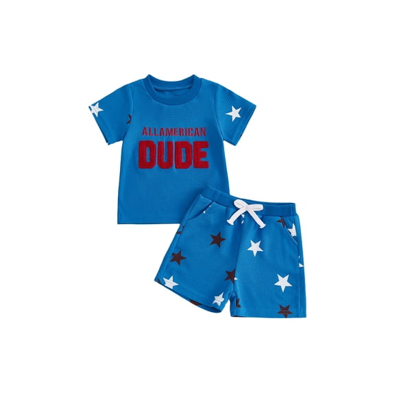BemeyourBBs Toddler Baby Boys 4th of July Outfit Patriot Independent Day Summer Clothes All American Dude Letter Embroidery Short Sleeve T Shirt and Star Shorts Set Toddler Baby Boy Summer Outfit
