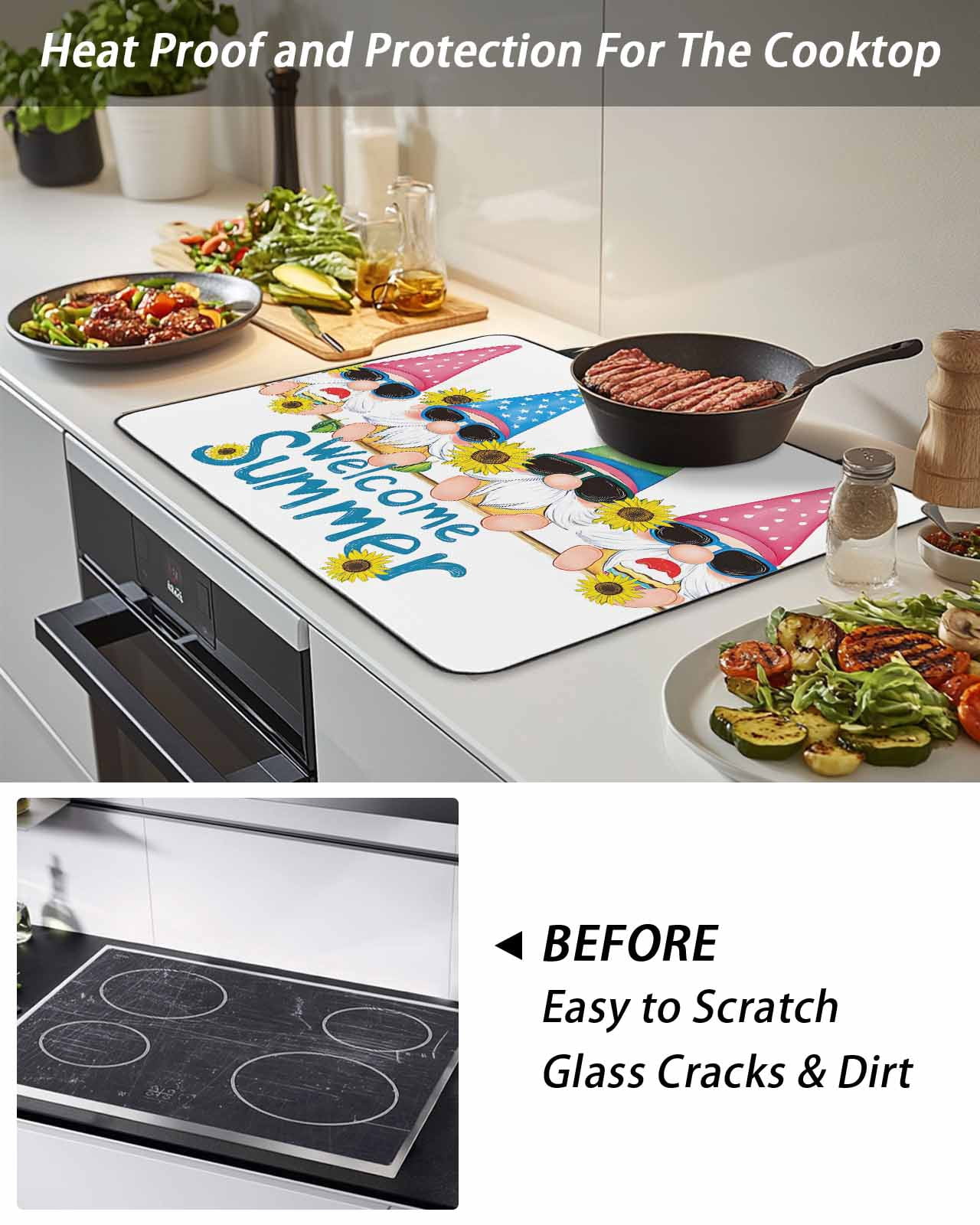 Stove Top Covers for Electric Stove 36x21 Inches, Sunflower Gnomes Heat Insulation Fireproof Glass Cooktop Protector, Summer Farmhouse Botanical Yellow Pink Countertop Stovetop Cover for Kitchen