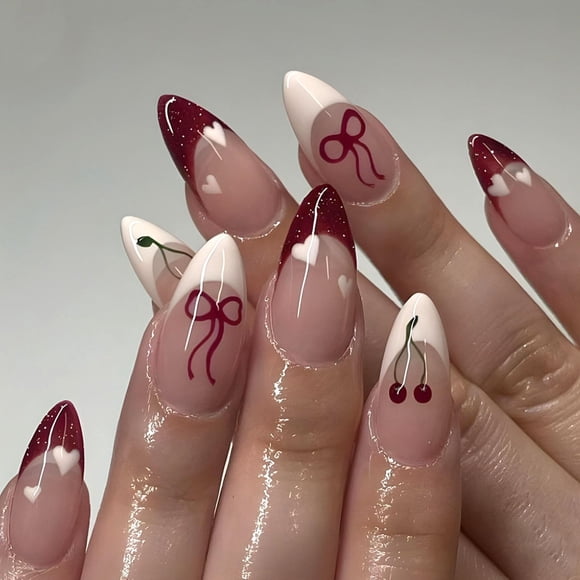 Press on Nails Blruyci Almond Medium Red French 24 unidades