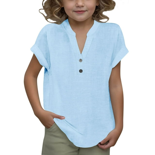 DecSea Linen Shirts for Kids 2025 Summer Button Down V Neck Short Sleeve Tops Casual Solid Blouses