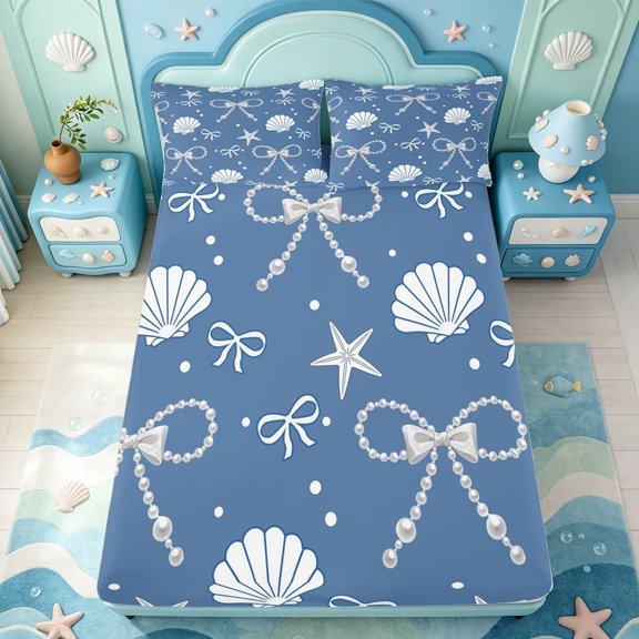 Manfei 3D Cartoon Shell Print Fitted Sheet Full,Ribbon Dreamy Bowtie Bed Set,3pcs,1 Fitted Sheet and 2 Pillowcases
