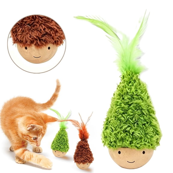 Runkheen Wooden Interactive Cat Toy with Catnip, Self-Righting Wobble Tumbler Chaser with Feather, Indoor Cat Play Toy, No Batteries Required