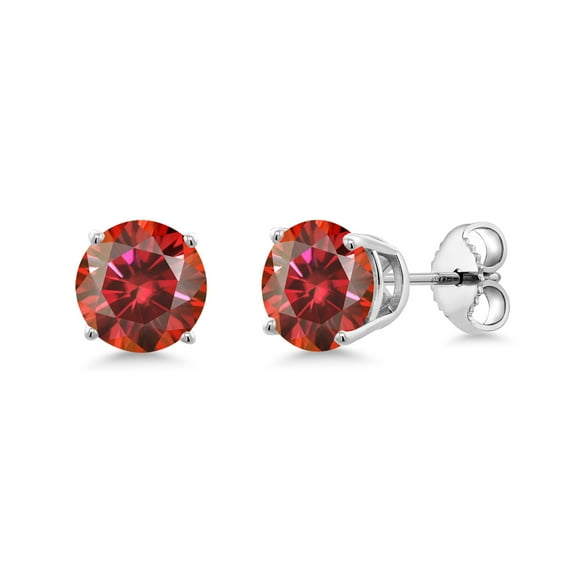 Gem Stone King 925 Sterling Silver Red Moissanite Stud Earrings for Women Men (2.00 Cttw, Round 6.5MM)