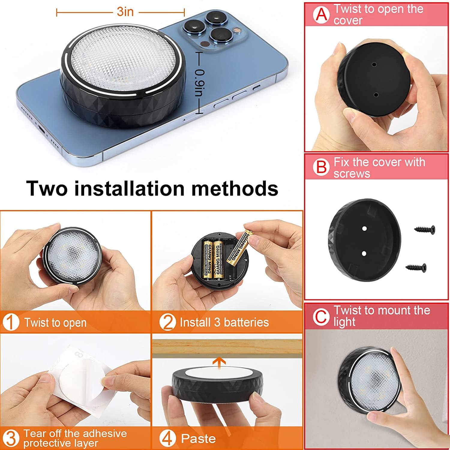 RGHJAR-Battery Operated Under Cabinet Lighting with Remote, Wireless LED Puck Lights Color Changing with Timer, Stick On Closet Lights for Kitchen Cabinets Shelf Display - 2 Pack Black