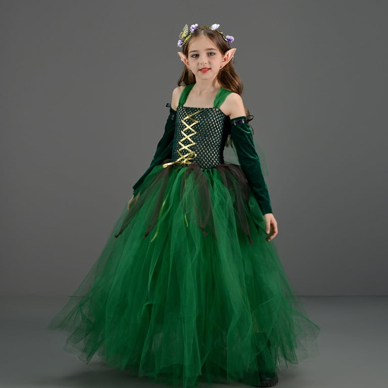 green elf dress Girls Halloween Forest Fairy Costume Sleeveless Tulle Tutu Dress+ Arm Sleeves+ Elf Ears+ Garland mondaymarkdown