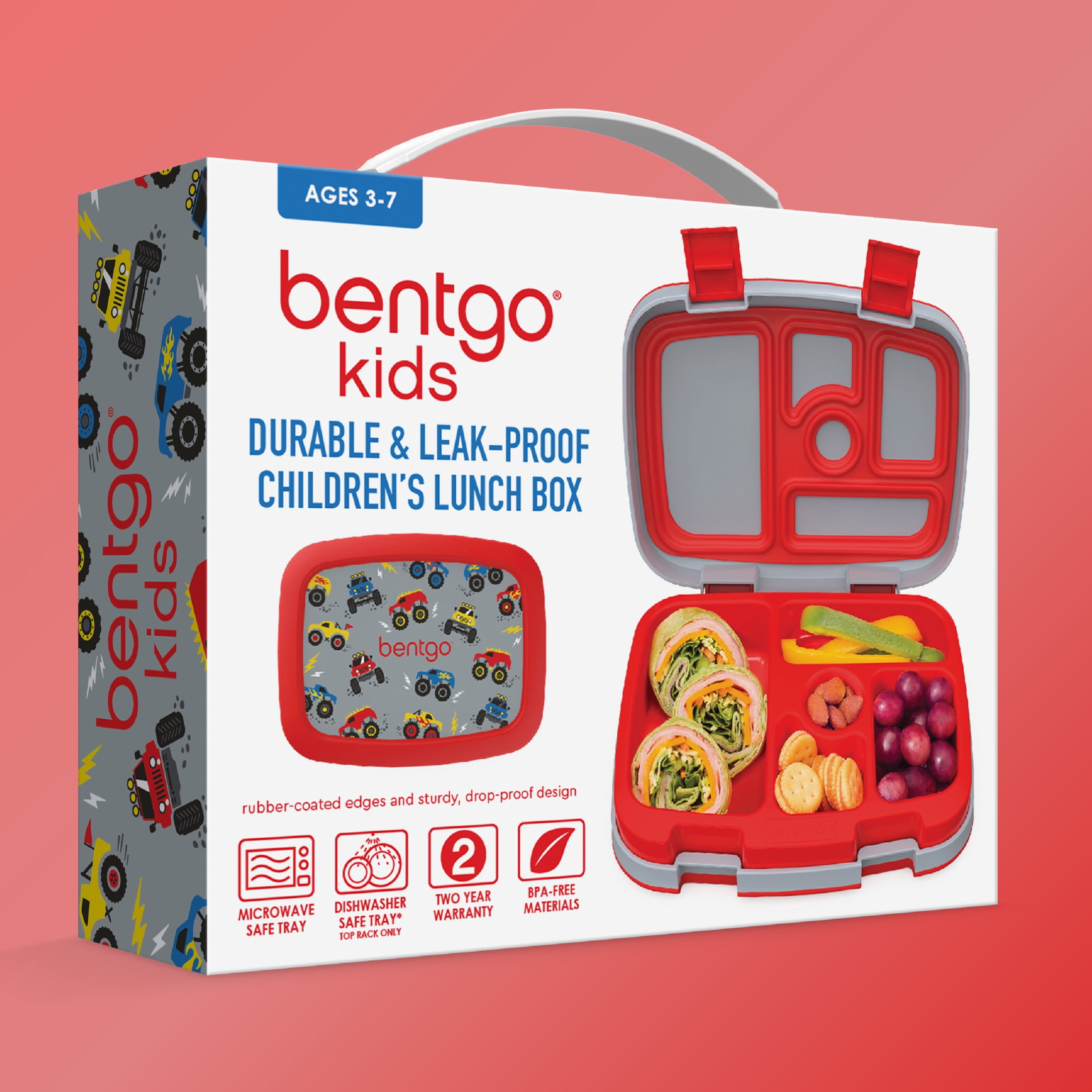 Bentgo Kids Prints Leak-Proof, 5-Compartment Bento-Style Kids Lunch Box - Ideal Portion Sizes for Ages 3-7, Durable, Drop-Proof, Dishwasher Safe, PFAS- & BPA-Free Materials (Trucks)