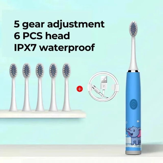 Cepillo de dientes eléctrico para niños, dibujos animados, con cabezal de repuesto, ultrasónico, IPX7, resistente al agua, recargable, sónico