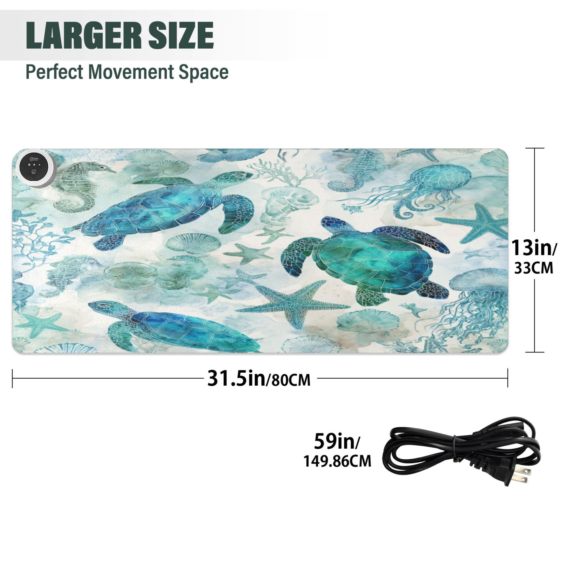Large Heated Desk Mat Mouse Pad 31.5"x13"PU Leather Graphene Heating Desk Warmer with 3 Temperature Settings 110V US Plug Non-Slip Warm Pad for Home, Office, and Gaming Green Adorable Sea Creatures