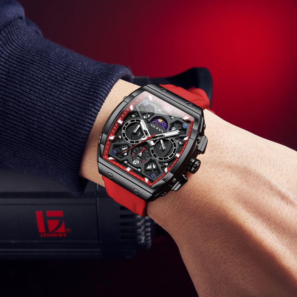 OLEVS Watches for Men Chronograph Waterproof Luxury Dress Quartz Silicon Strap Multifunction Moon Phase Calendar Luminous Men Wrist Watches Reloj Para Hombre Black/Red