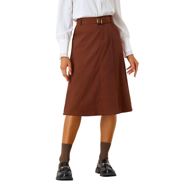 Falda A-Line de Cintura Alta Elástica para Mujeres INSPIRE CHIC, con Cinturón, Midi de Pana para Otoño Invierno, Talla XS, Color Marrón
