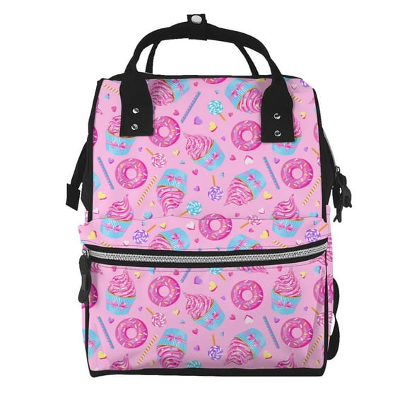Fuzoiu Pink Donuts Print Diaper Bag Backpack,Baby Essentials Travel Tote,Multi function Waterproof Diaper Bag, Travel Essentials Baby Bag - Unisex