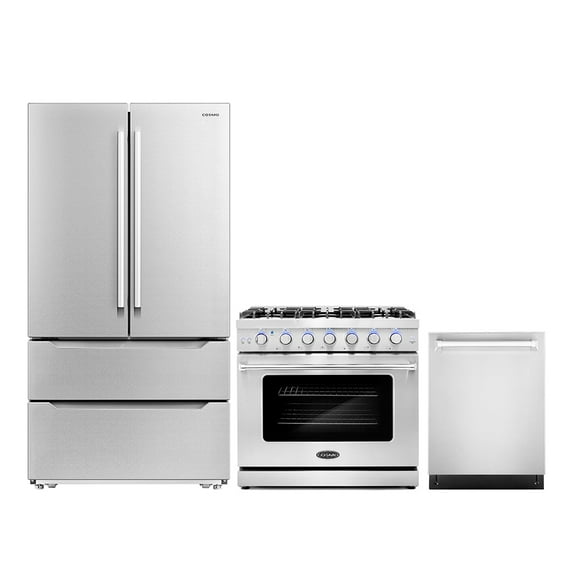 Cosmo 3 Piece Kitchen Appliance Package with 36" Freestanding Gas Range Kitchen Stove 24" Built-in Fully Integrated Dishwasher & French Door Refrigerator Kitchen Appliance Bundles