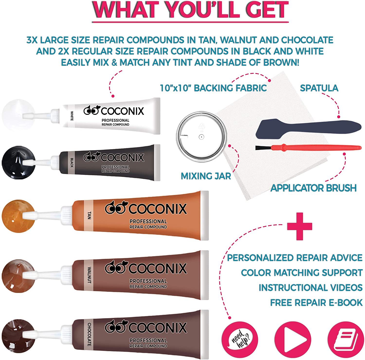 Coconix Brown Leather and Vinyl Repair Kit - Restorer of Your Couch, Sofa,  Car Seat and Your Jacket - Super Easy Instructions - Restore Any Material,  Genuine, Italian, Bonded, Bycast, PU 