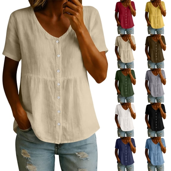 Perfectbot Women's V Neck Button Down Short Sleeve Peplum Blouse, Casual Lightweight Breathable Summer Shirt