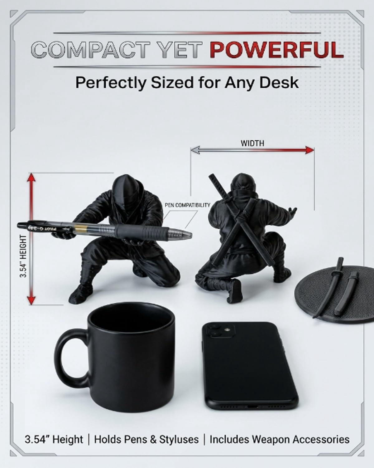 Ninja Warrior Pen Holder with Sword and Weapon Accessories, 2026 New 3D Printed Desk Organizer Stand with Sculpture, Unique Creative Stationery Gift for Office Home Classroom (3PCS)