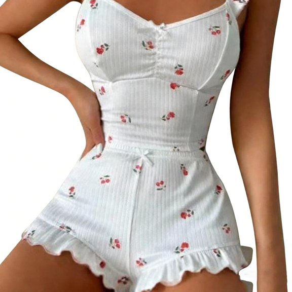 Bxsruta Women's Two Piece Strawberry Print Ruffle Sleepwear Set Cami Top and Shorts Sleeveless Pajama Lounge Wear
