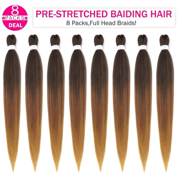 WEIF-Long Pre stretched Braiding Hair, 30 Inch 8 Packs Ombre Prestretched Braiding Hair Bundles,Three Tone Synthetic Braid Box Crochet Braids, Yaki Straight, Itch Free(30",T1B/30/27#)
