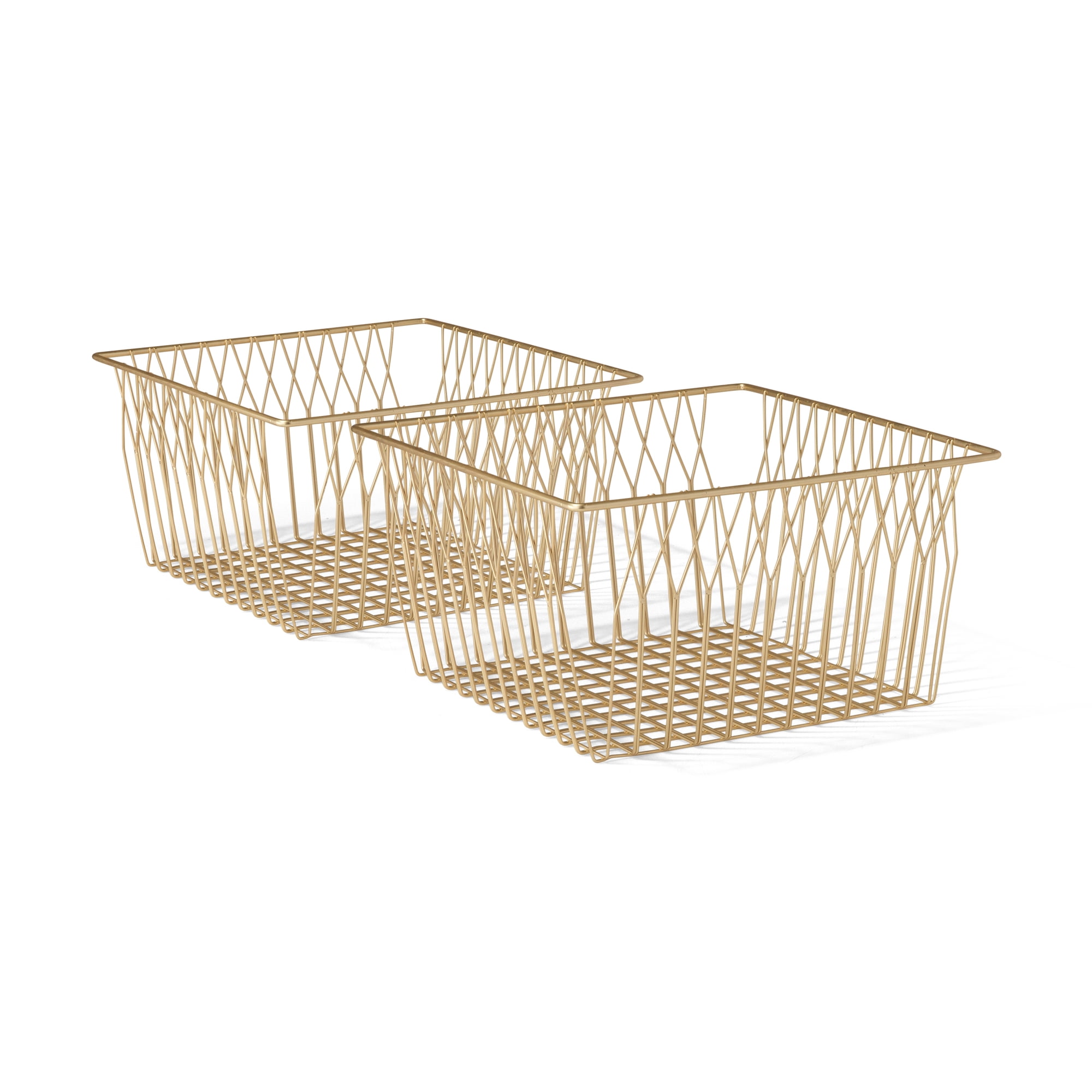 MoDRN Nordic Blush Woven Iron Wire Rectangular Floor Storage Basket  Set of 2  Gold
