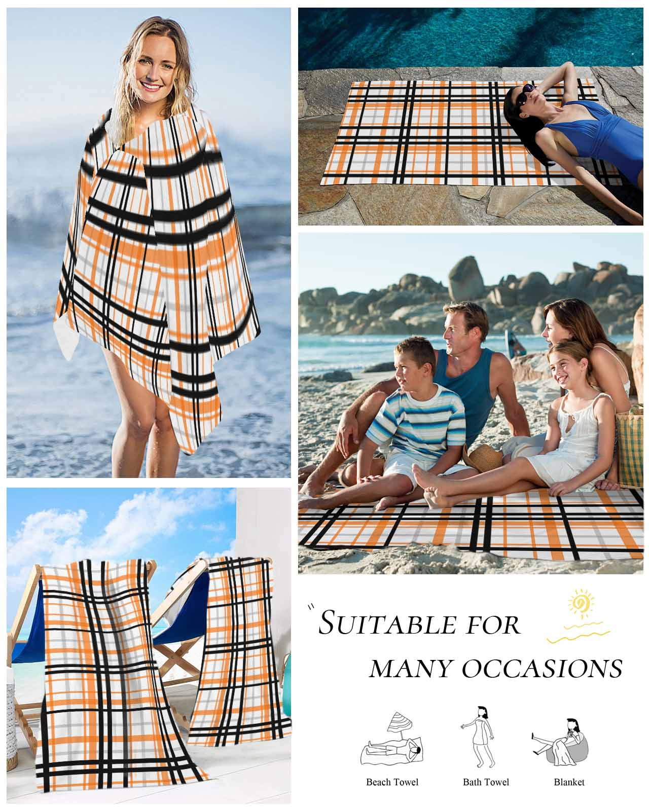 Orange Black Plaid Beach Towels Oversized Super Absorbent, Farmhouse Orange Black Checkered Lightweight Bath Towel Quick Dry Sets For Bathroom/Pool/Rv Camping/Beach Play/Gym Room/Picnic 23"x47"