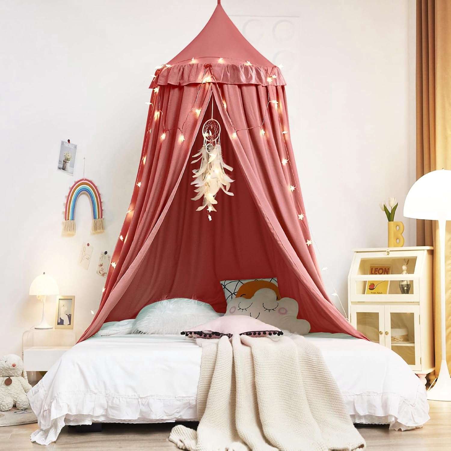 Decor Canopy for Kids Bed, Soft Smooth Playing Tent Canopy Girls Room Decoration Princess Castle, Dreamy Mosquito Net Bedding, Children Reading Nook Canopies in Home (Red Bean Color)