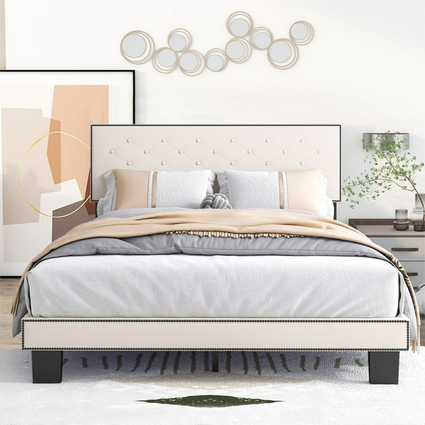 SYNGAR Queen Size Linen Fabric Upholstered Platform Bed Frame with