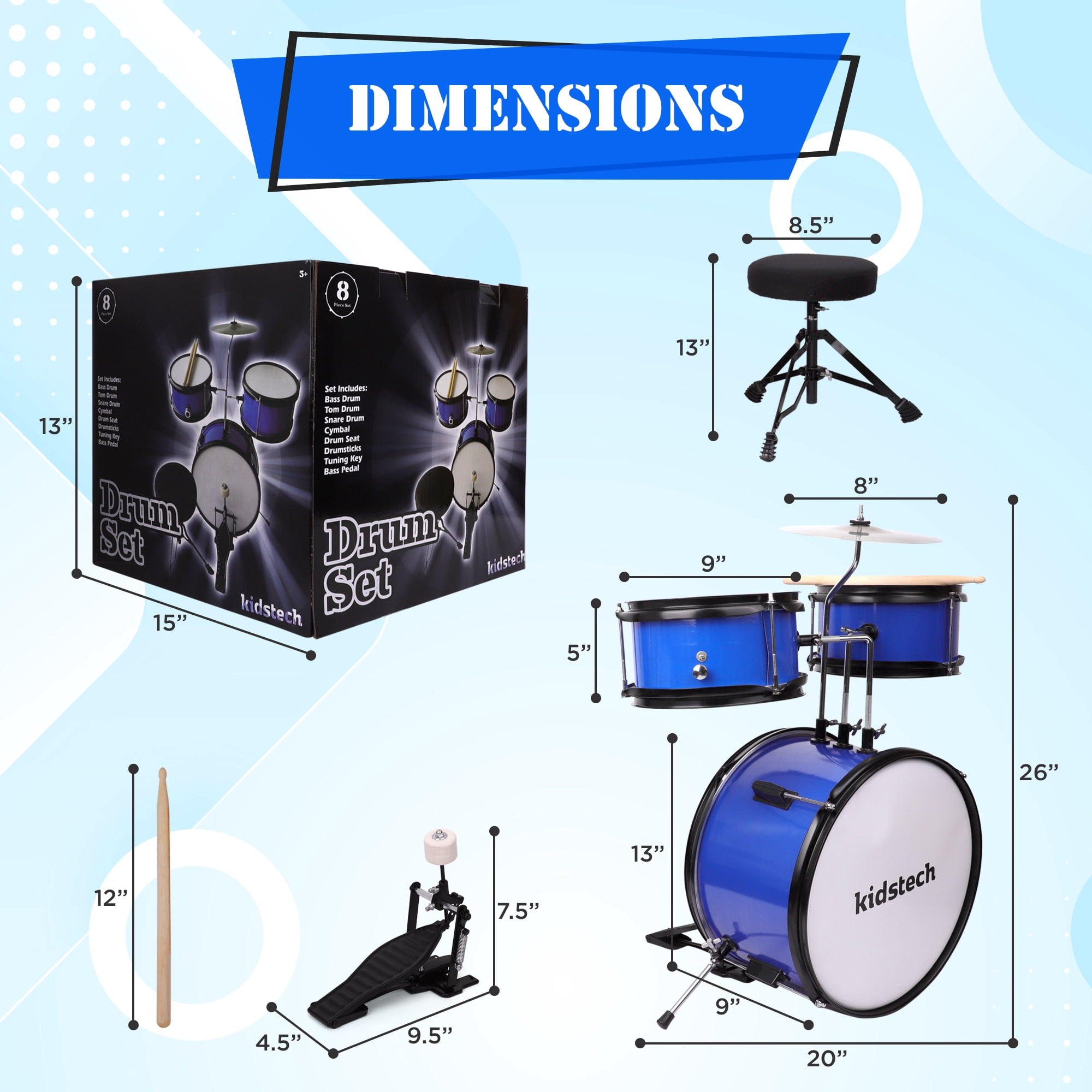 Kidstech Drum Set, First Junior and Adult Drum set with Microphone, Drumstick Pieces and seat, Musical Kid Friendly Band Toy for Boys, Girls and Adults Ages 3+.