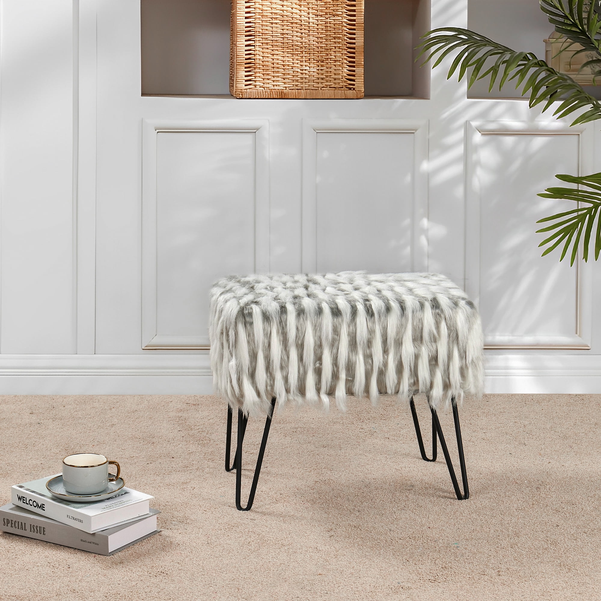Home Soft Things Feathery Faux Fur Stool Chair Upholstered Footrest Ottoman with Black Metal Legs and Padded Seat, Grey, 19" x 13" x 17"