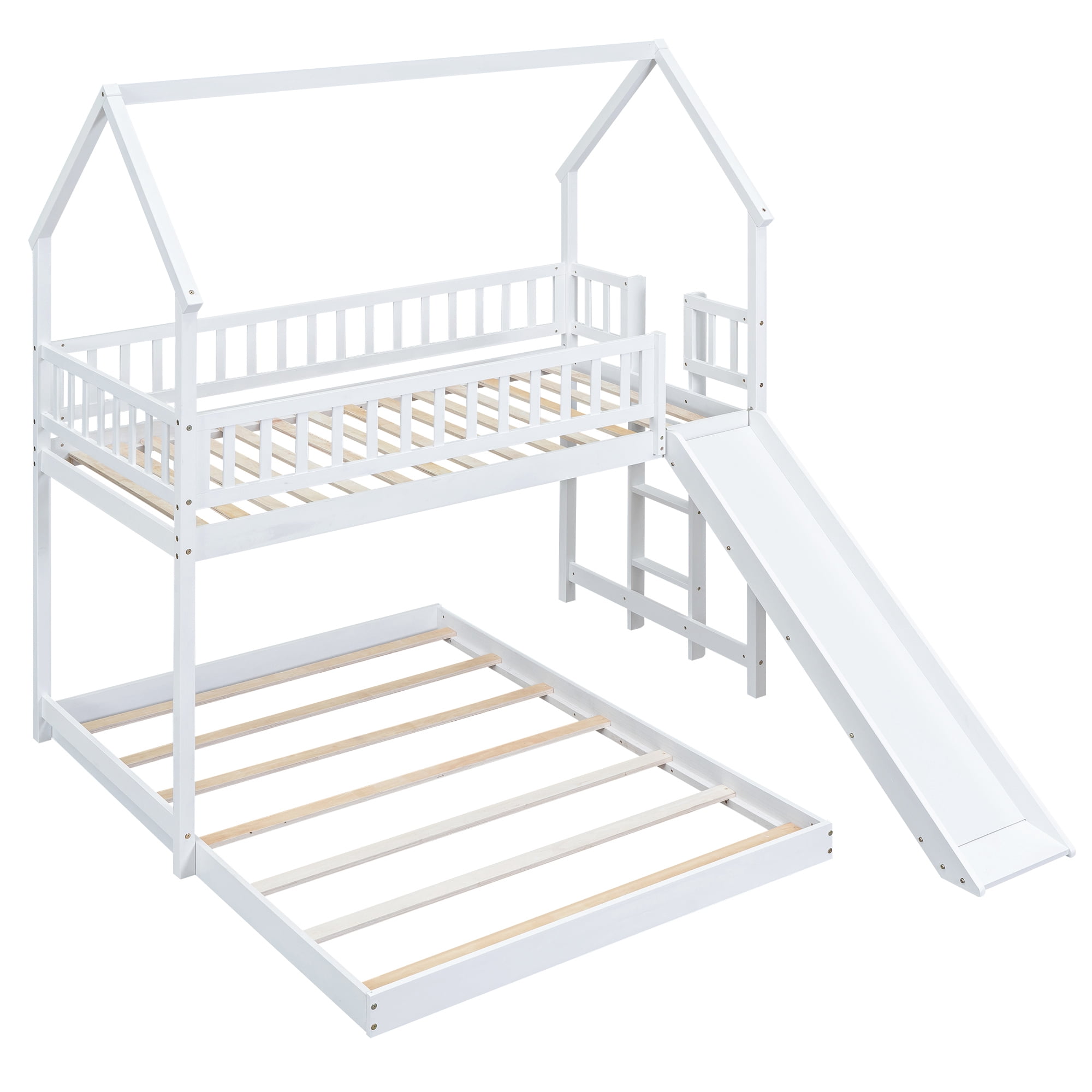Twin Over Full House Bunk Beds with Slide, Kids Bunk Beds with House Shape Roof, Solid Wooden House Bunk Bed with Built-in Ladder, Full-Length Guardrail for Kids Teens Adults