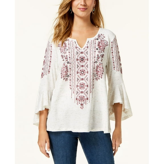 Style & Co Printed Split Neck Angel Sleeve Top Wine Ivory M