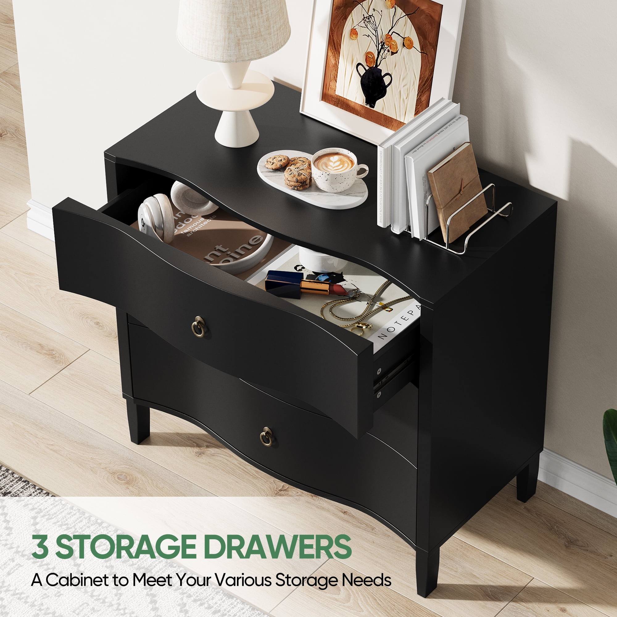 3 Drawer Wooden Dresser for Bedroom, Storage Organizer Nightstand Small Chests of Drawers for Adult
