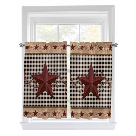 Red Texas Star Farmhouse Living Room Curtains 2 Panel, Black Plaid Berry Country Cafe Window Treatment, Farmhouse Bedroom Bathroom Kitchen Curtains Drapes 104"x54"
