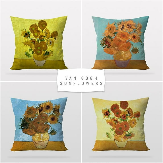 3S Brother'S World Classic Art Masterpiece Series Set Of 4 Hidden Zipper Cushion Covers Vincent Van Gogh Self Sunflowers - 12" to 30" Sizes Art Home Décor Printed On Both Sides Each Size (20"Wx20"L)