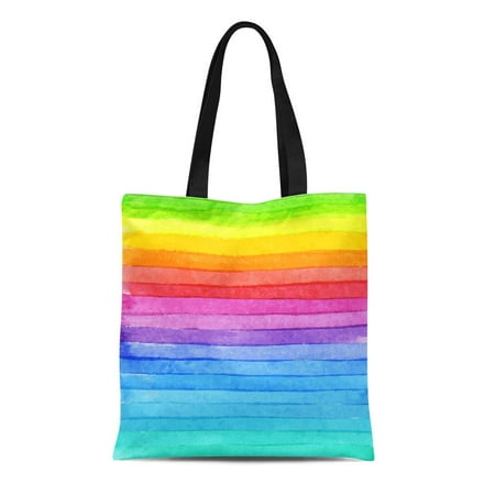 Blue Canvas Tote - ASHLEIGH Canvas Bag Resuable Tote Grocery Shopping Bags Blue Rainbow Striped Watercolor Bright Colors Composition for Colorful Stripe Tote Bag