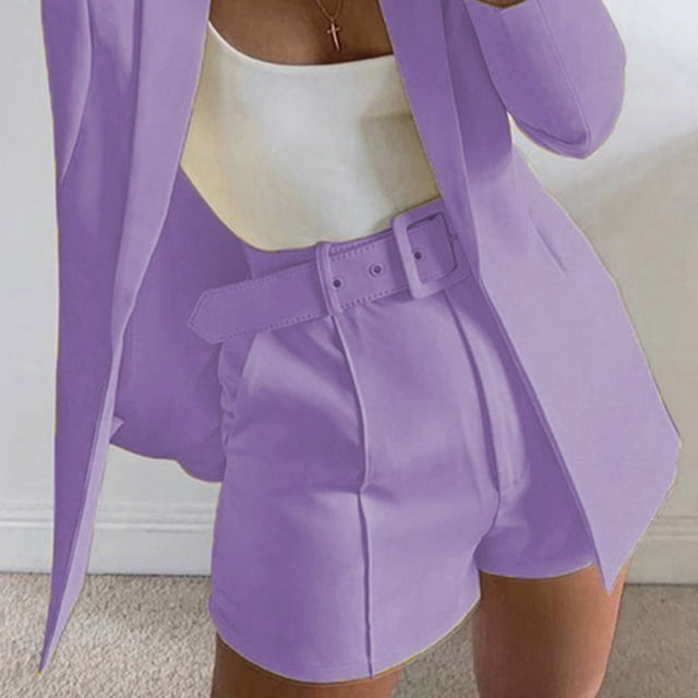 LOVZFMLL Women's Solid Suit Pant With Pockets Waisted Shorts With Belt Purple XL