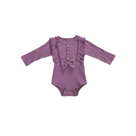 

Kiapeise Toddler’s Autumn Clothes Solid-Color Round-Neck Ruffle Long-Sleeves Rompers with Bowknot for Baby Girl 0-18 Months