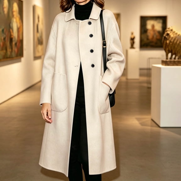 Homenesgenics Trench Coat for Women Fashionable Button-Front Long Loose-Fit Reversible Fleece-Lined Winter Coat Beige XXL