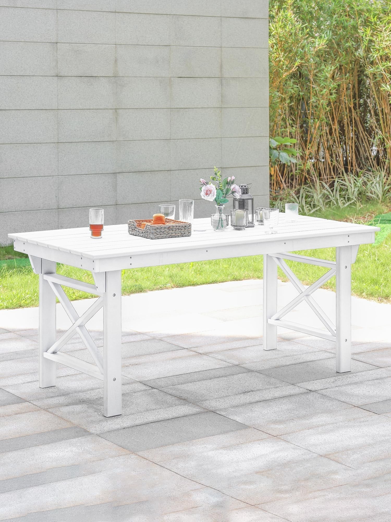 HDPE Outdoor Dining Table for 6, 66.9" Rectangular Patio Dining Table with 2.2" Umbrella Hole, All-Weather Outdoor Table for Backyard, Deck, Garden, Poolside, Pearl