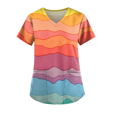 

TKing Fashion Independence Day Women Plus Size Scrubs Top V-Neck Short Sleeve Printed Pockets Work Blouse for Women Orange 2XL