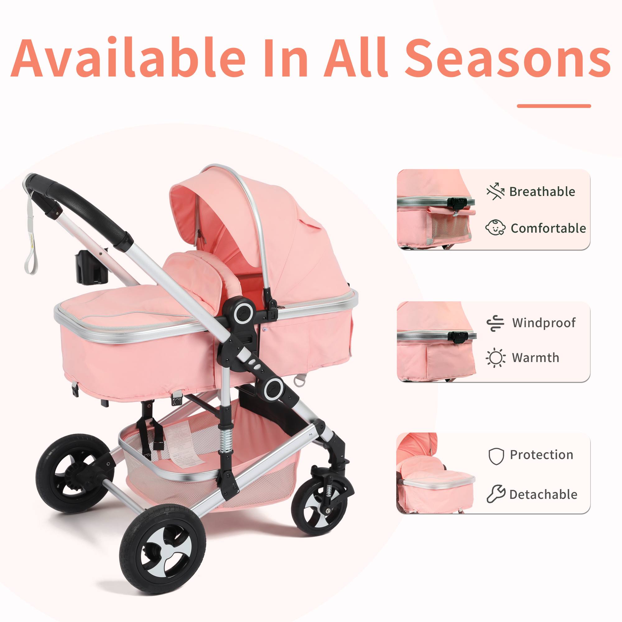 AILEEKISS 3-in-1 Convertible Baby Stroller, Pink photo 7