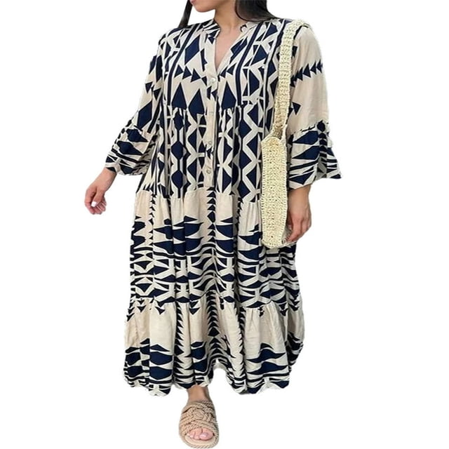 Robe Longue pour Femmes Manches Longues Boutonnée Imprimé Géométrique Robe Bohème