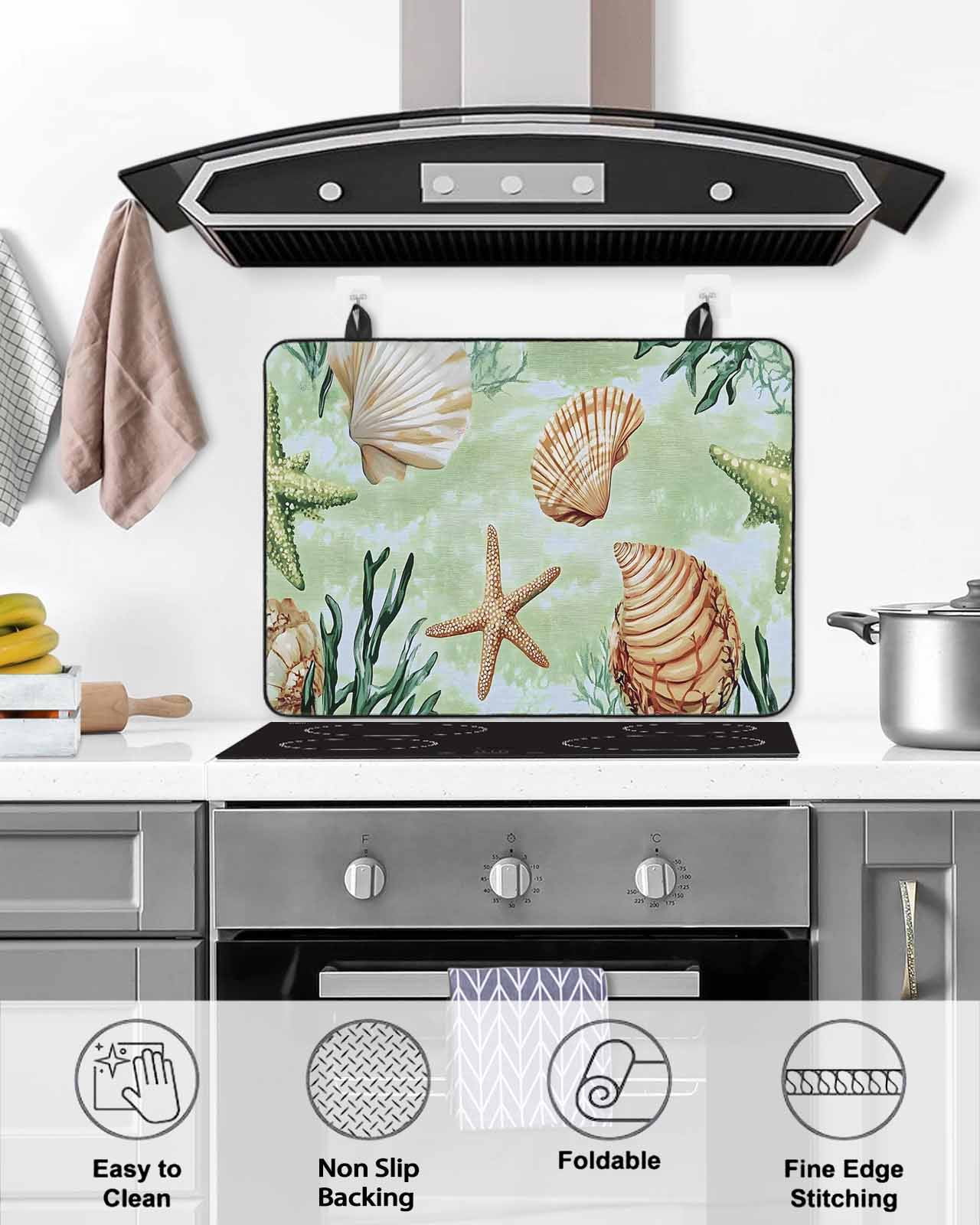nqOlkjepod Large Induction Cooktop Protector Mat 24"x21", Sage Green Coastal Stove Top Covers for Electric Stove, Summer Ocean Starfish Shell Stove Burner Cover Mats, Glass Top Stove Cover