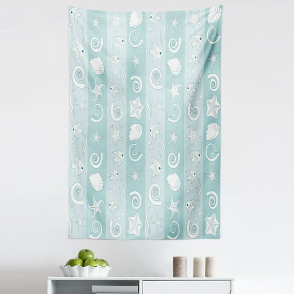 Nautical Tapestry, Marine Theme Sea Animals Fishes Shells on Striped Blue Background, Fabric Wall Hanging Decor for Bedroom Living Room Dorm, 5 Sizes, Pale Blue Pale Blue, by Ambesonne