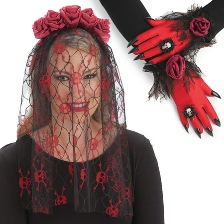Lacey Halloween Skull & Roses Veil and Glove Costume Set - Perfect for Halloween Party or Halloween Wedding Accessories, One Size, Black / Red