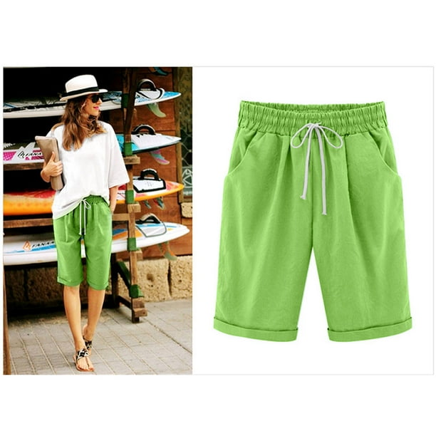 ICHUANYI Clearance Women's Summer Solid Five Points Large Size Cotton Linen Pants Casual Pants(Green, XL) ICHUANYI WER2023081116083